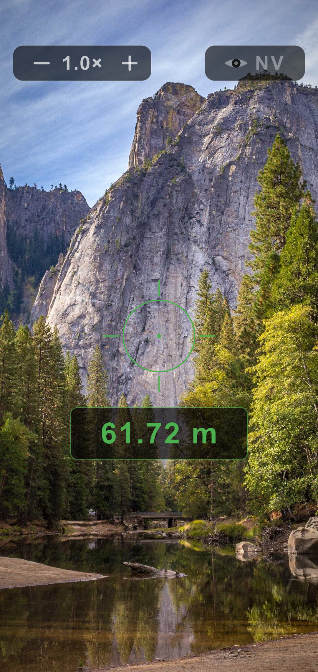 Range Gauge measuring distance across a valley — 61.72 m at 1.0x zoom