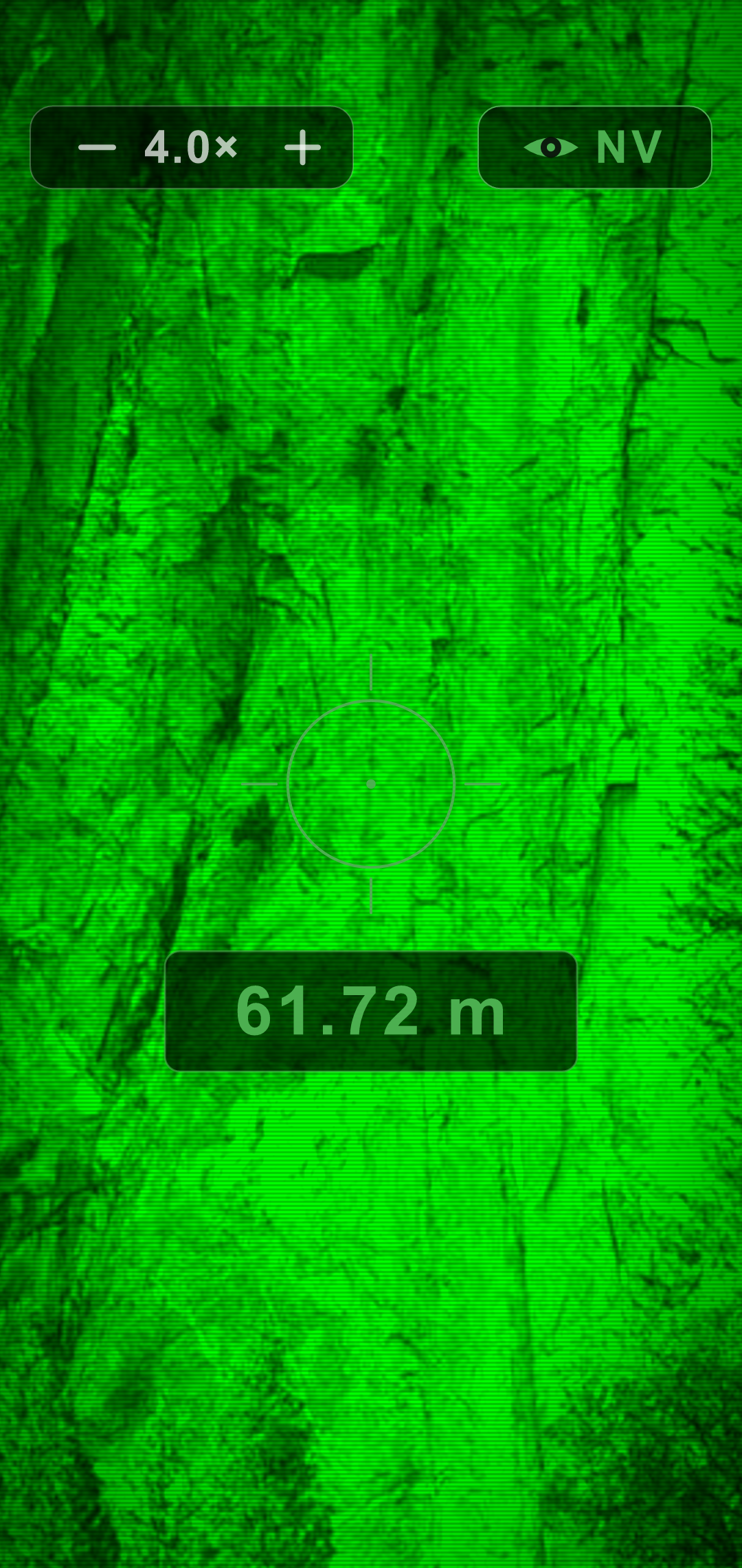 Range Gauge night vision mode, 4.0x zoom on the same cliff — 61.72 m