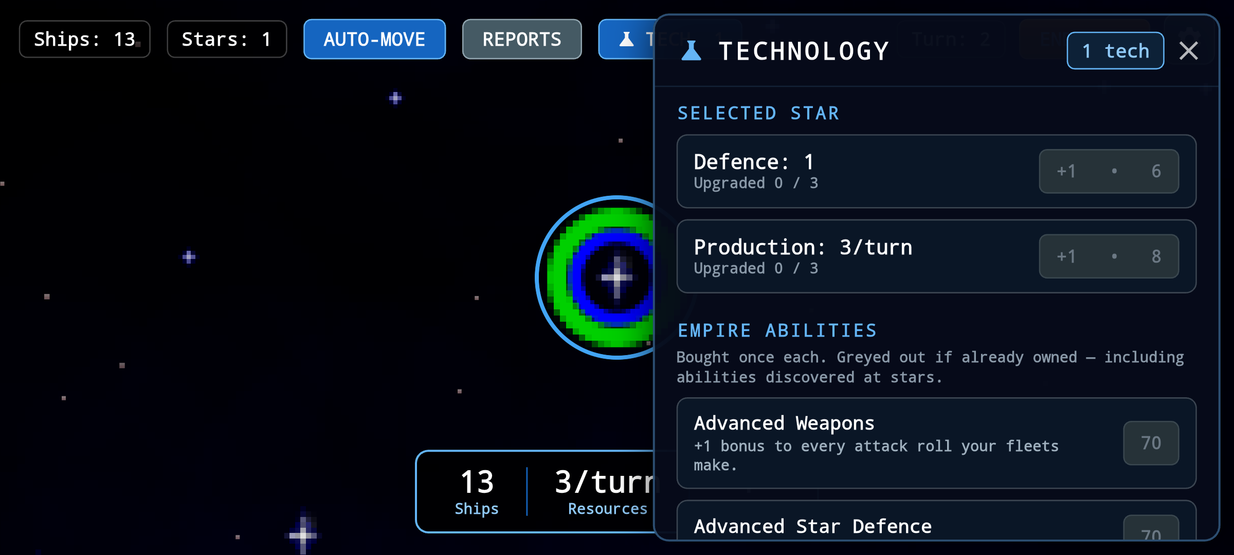 Stardomain Strike — the technology upgrade menu